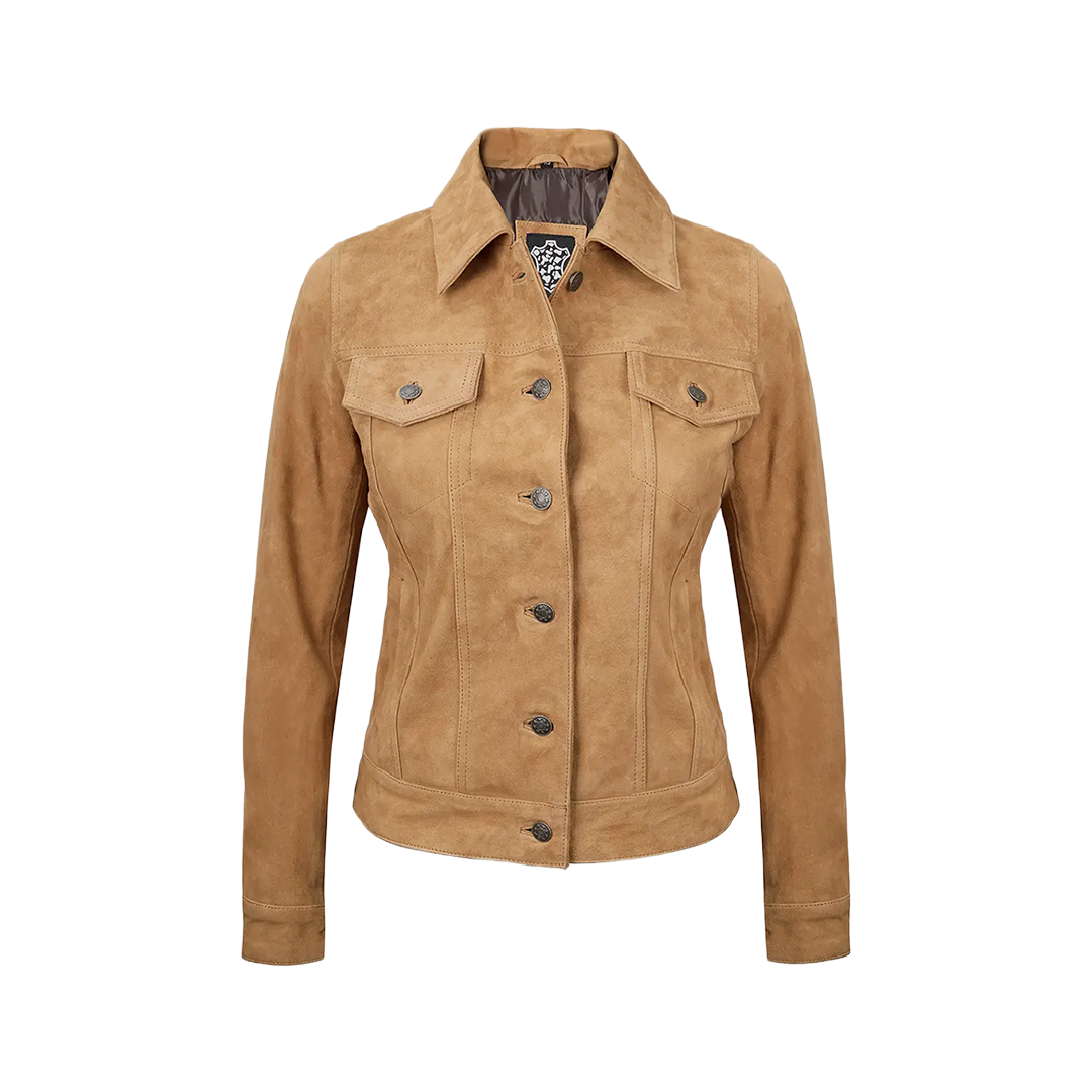Women's Light Brown Suede Trucker Jacket