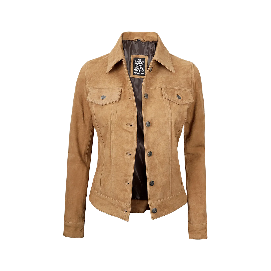 Women's Light Brown Suede Trucker Jacket
