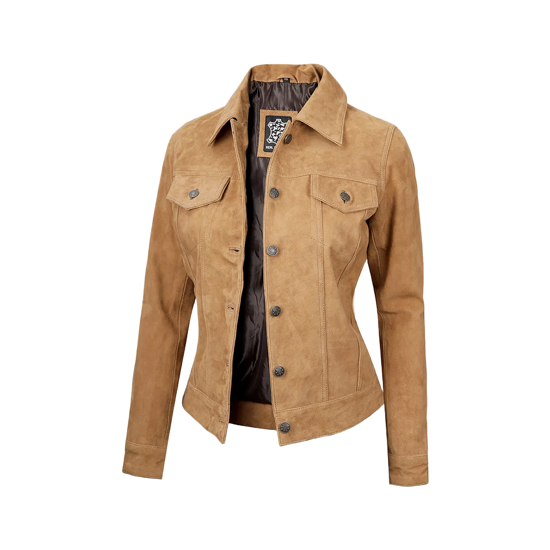 Women's Light Brown Suede Trucker Jacket