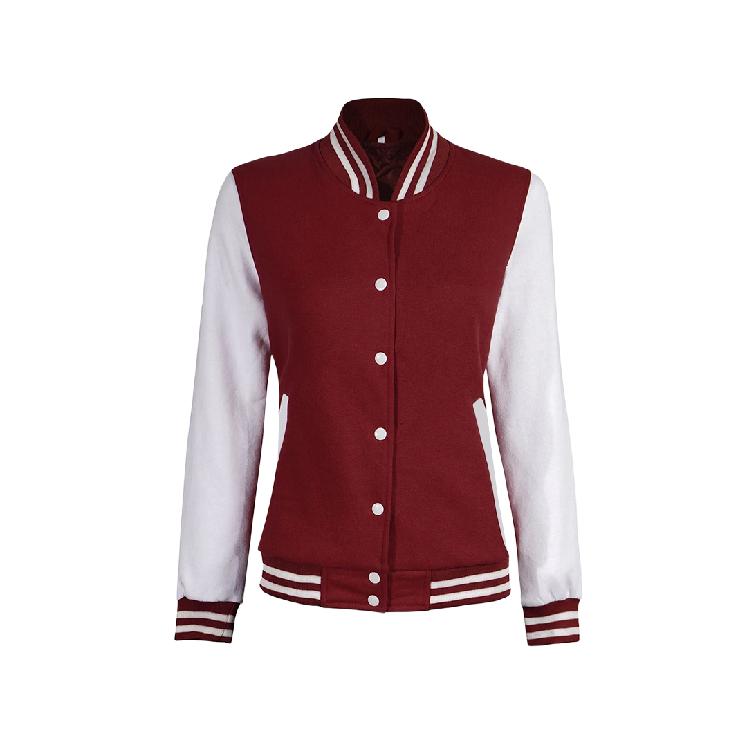 Women's Maroon and White Varsity Jacket - Baseball Style