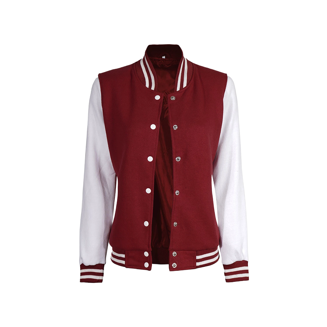 Women's Maroon and White Varsity Jacket - Baseball Style
