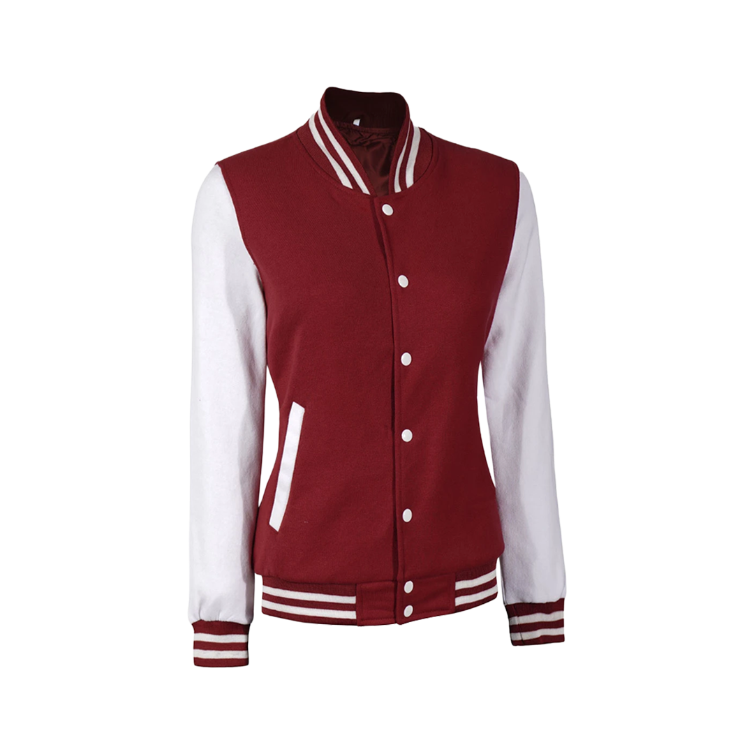 Women's Maroon and White Varsity Jacket - Baseball Style