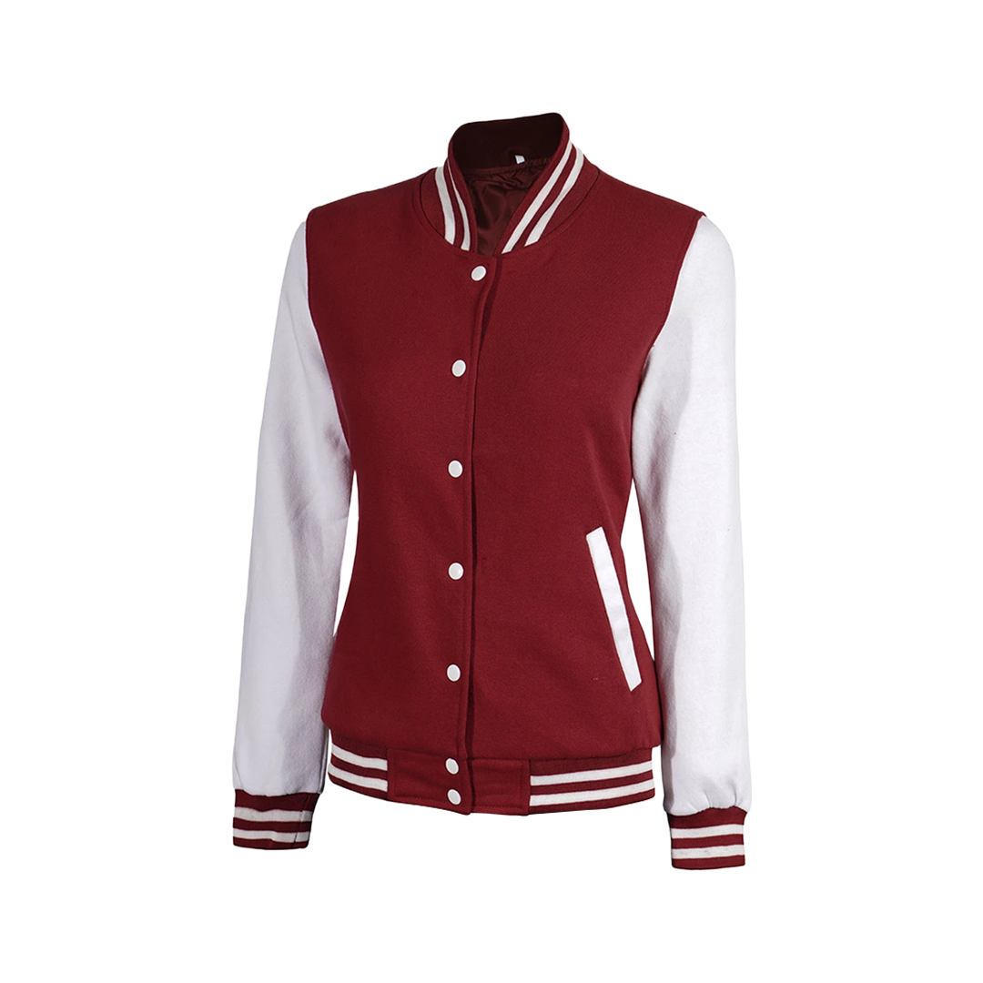 Women's Maroon and White Varsity Jacket - Baseball Style