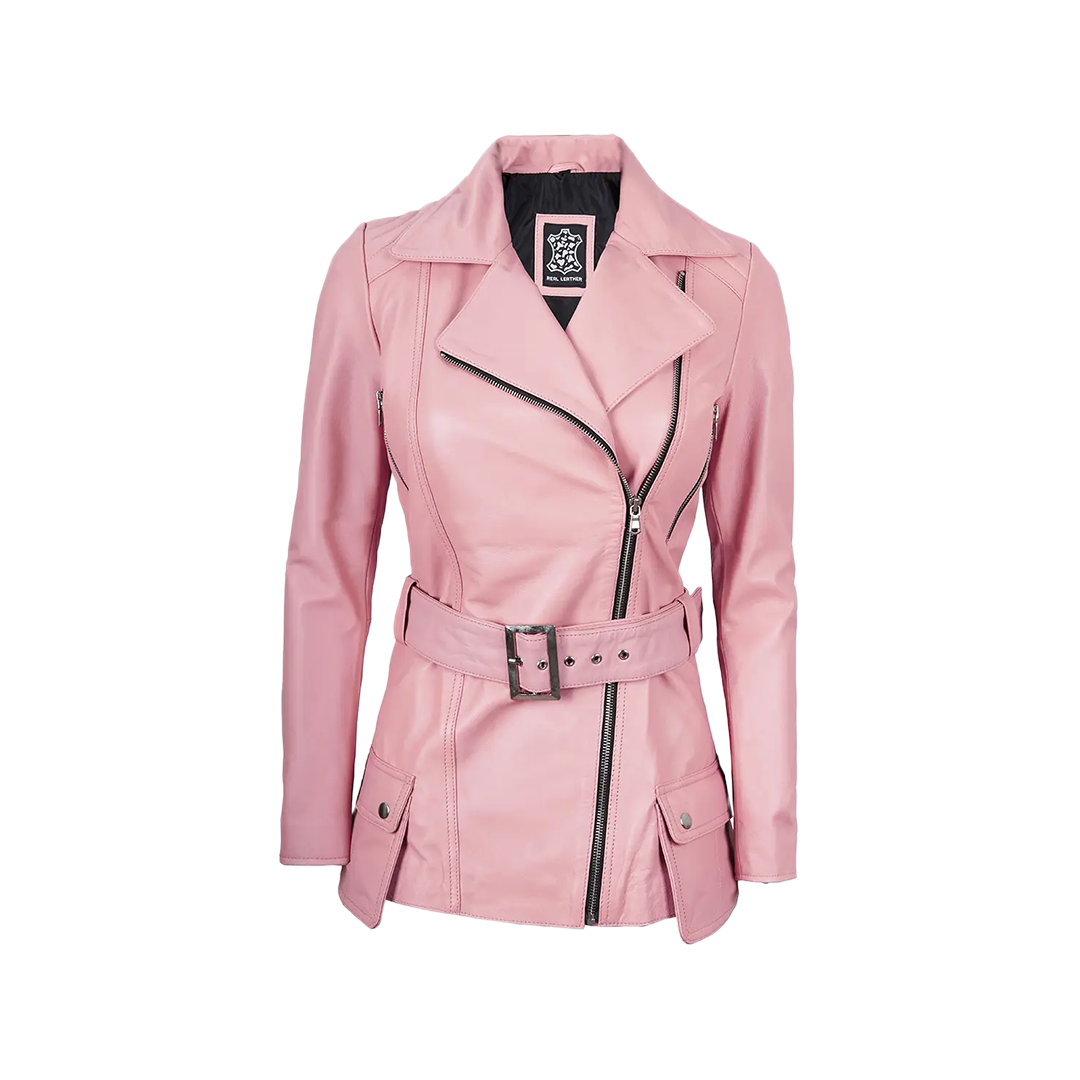 Women's Pink Asymmetrical Belted Leather Jacket