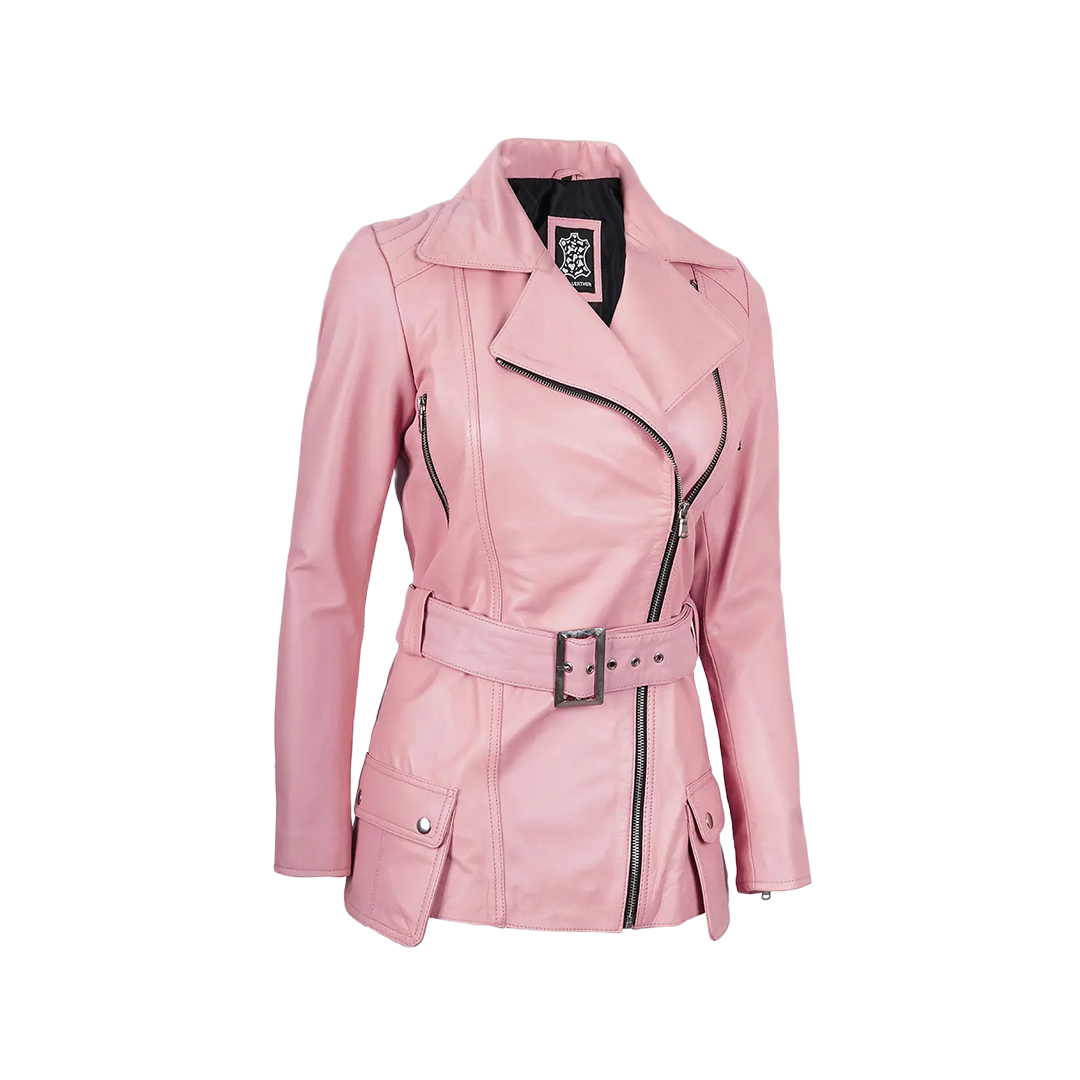 Women's Pink Asymmetrical Belted Leather Jacket
