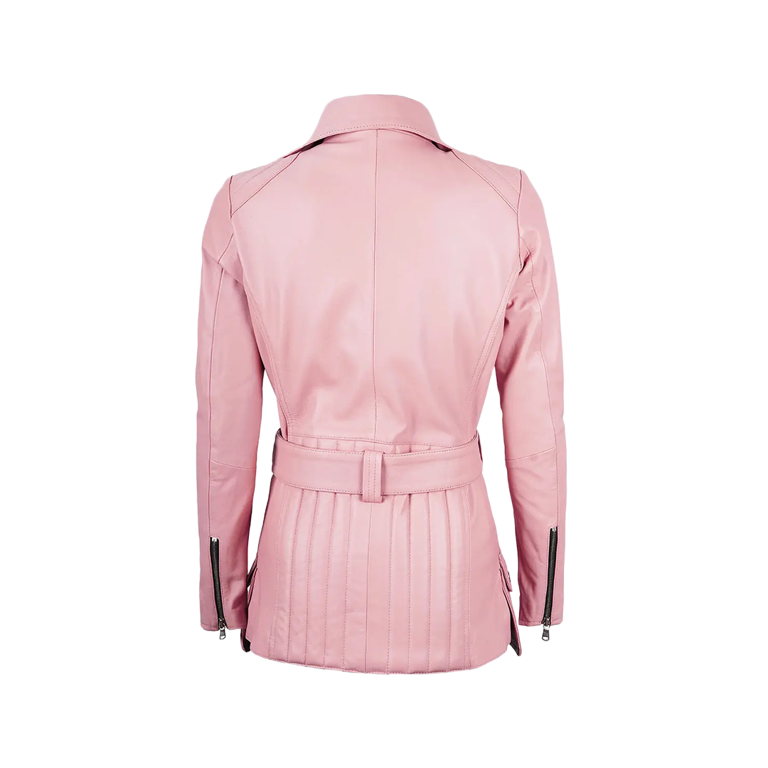 Women's Pink Asymmetrical Belted Leather Jacket