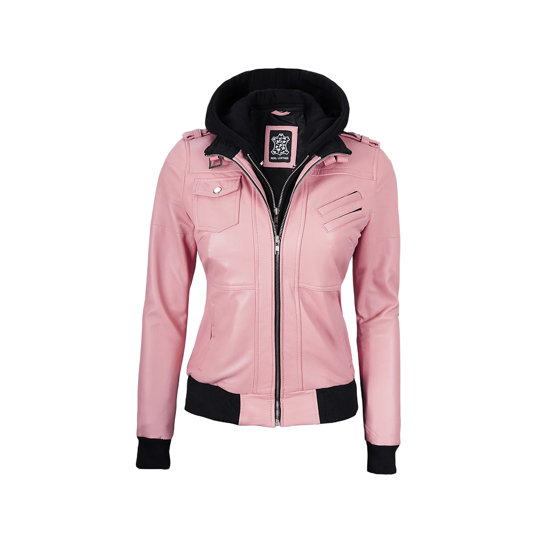 Women's Pink Bomber Leather Jacket with Removable Hood