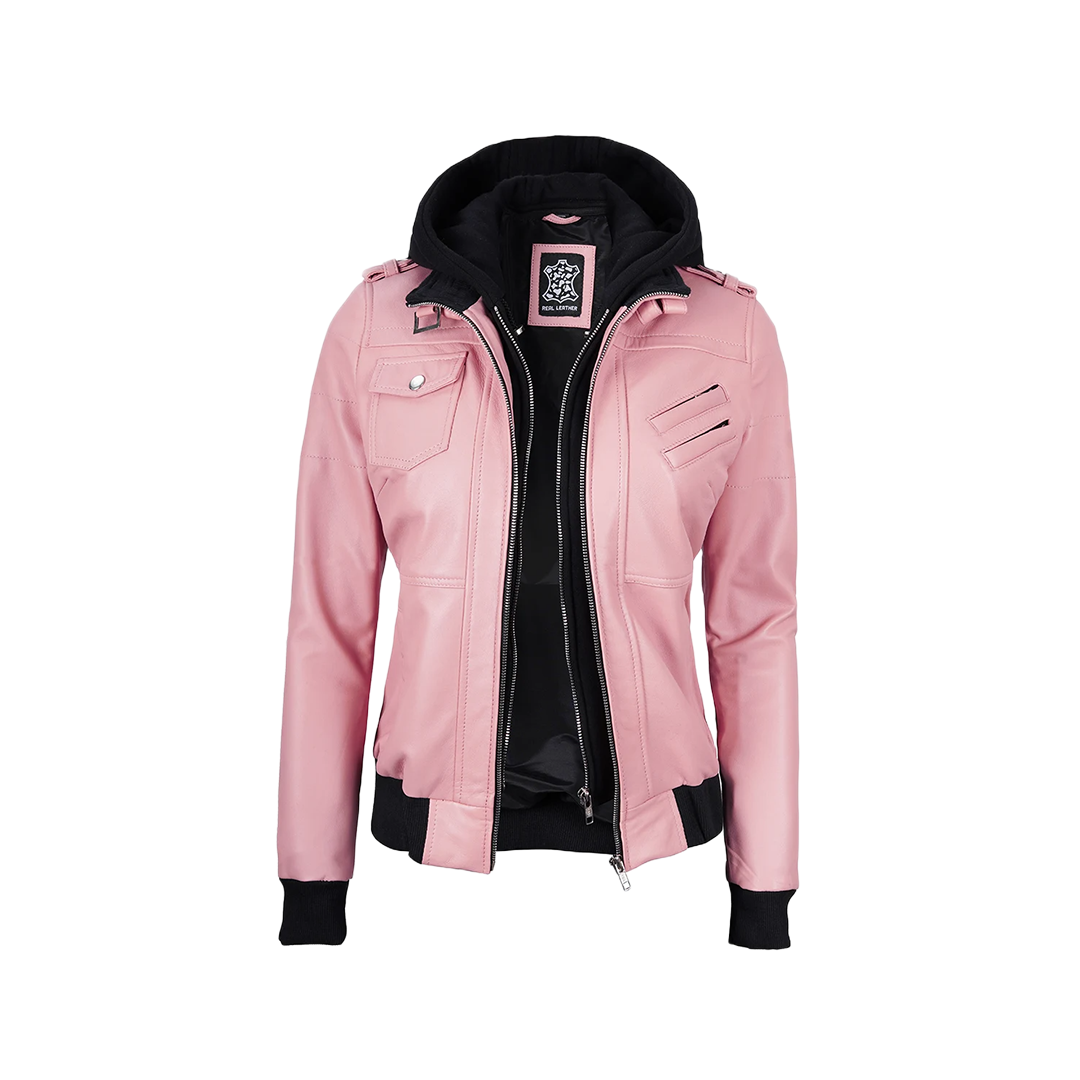 Women's Pink Bomber Leather Jacket with Removable Hood