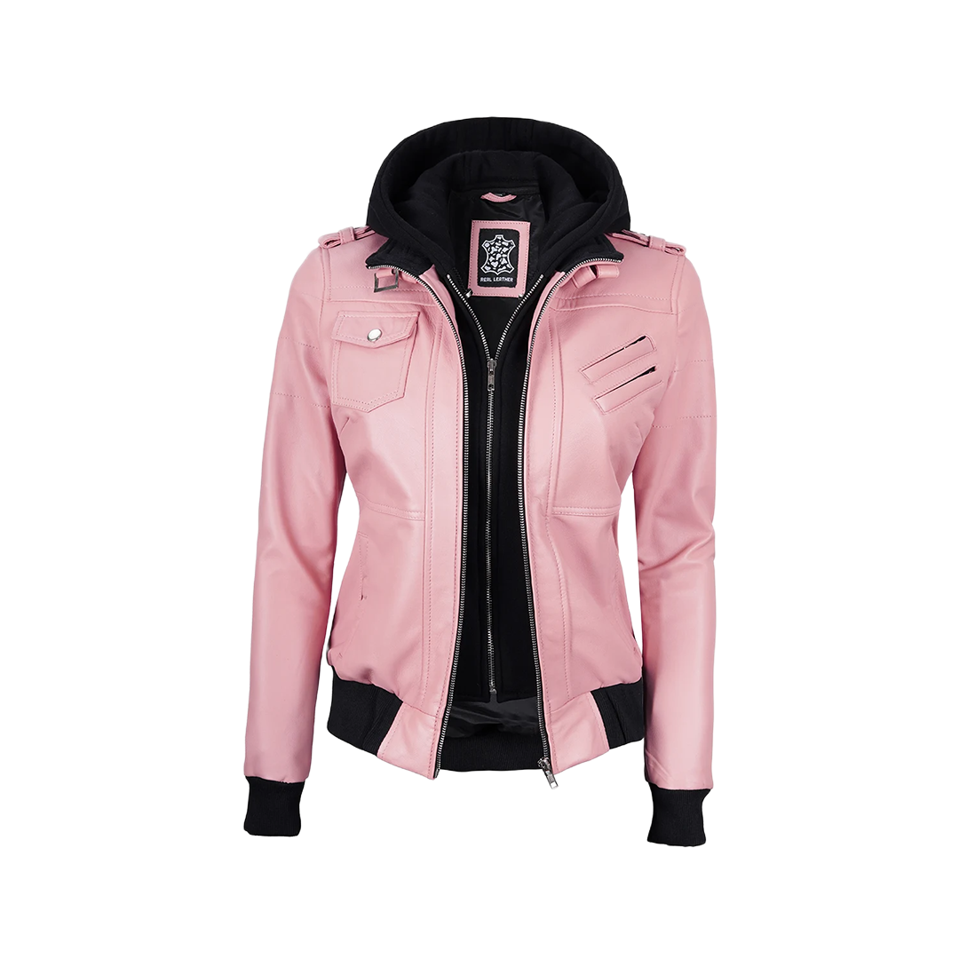 Women's Pink Bomber Leather Jacket with Removable Hood