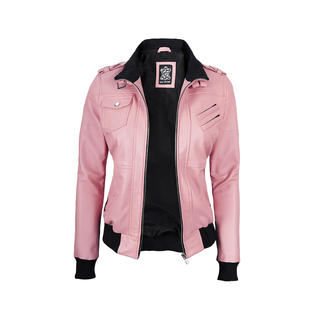 Women's Pink Bomber Leather Jacket with Removable Hood