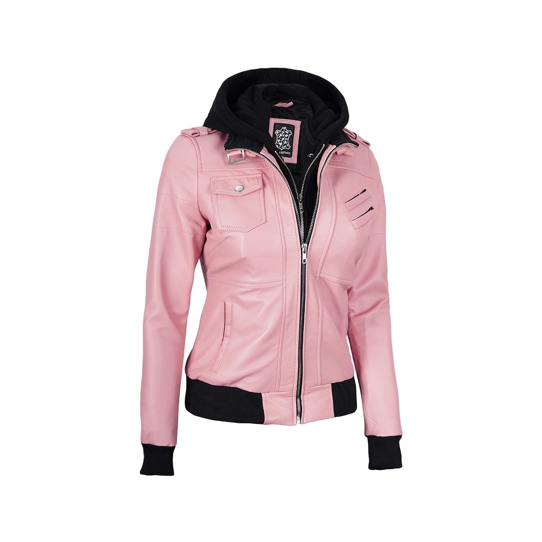 Women's Pink Bomber Leather Jacket with Removable Hood