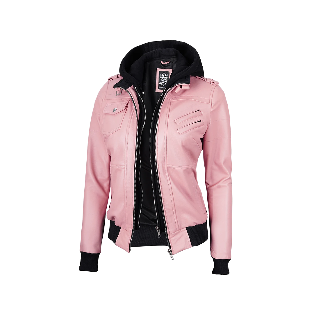 Women's Pink Bomber Leather Jacket with Removable Hood