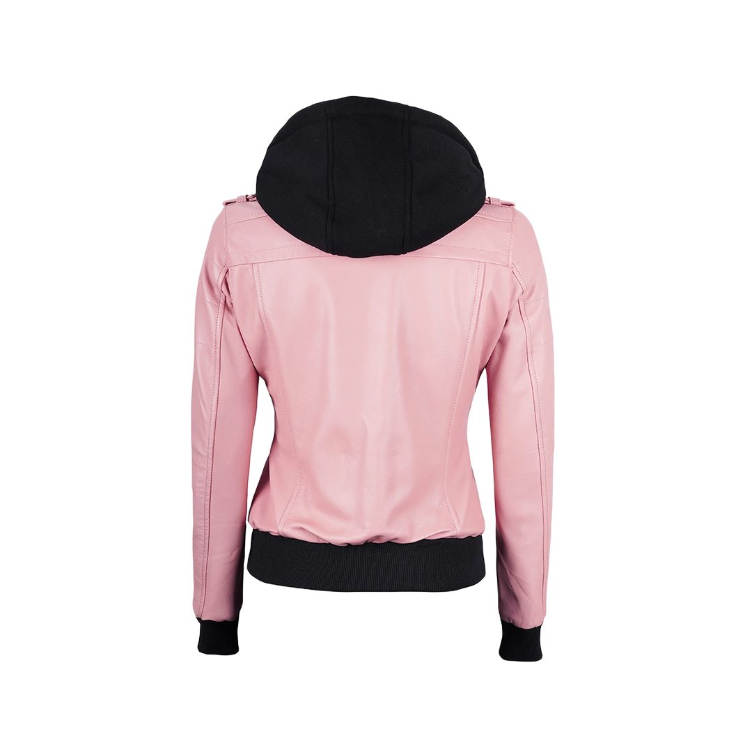 Women's Pink Bomber Leather Jacket with Removable Hood