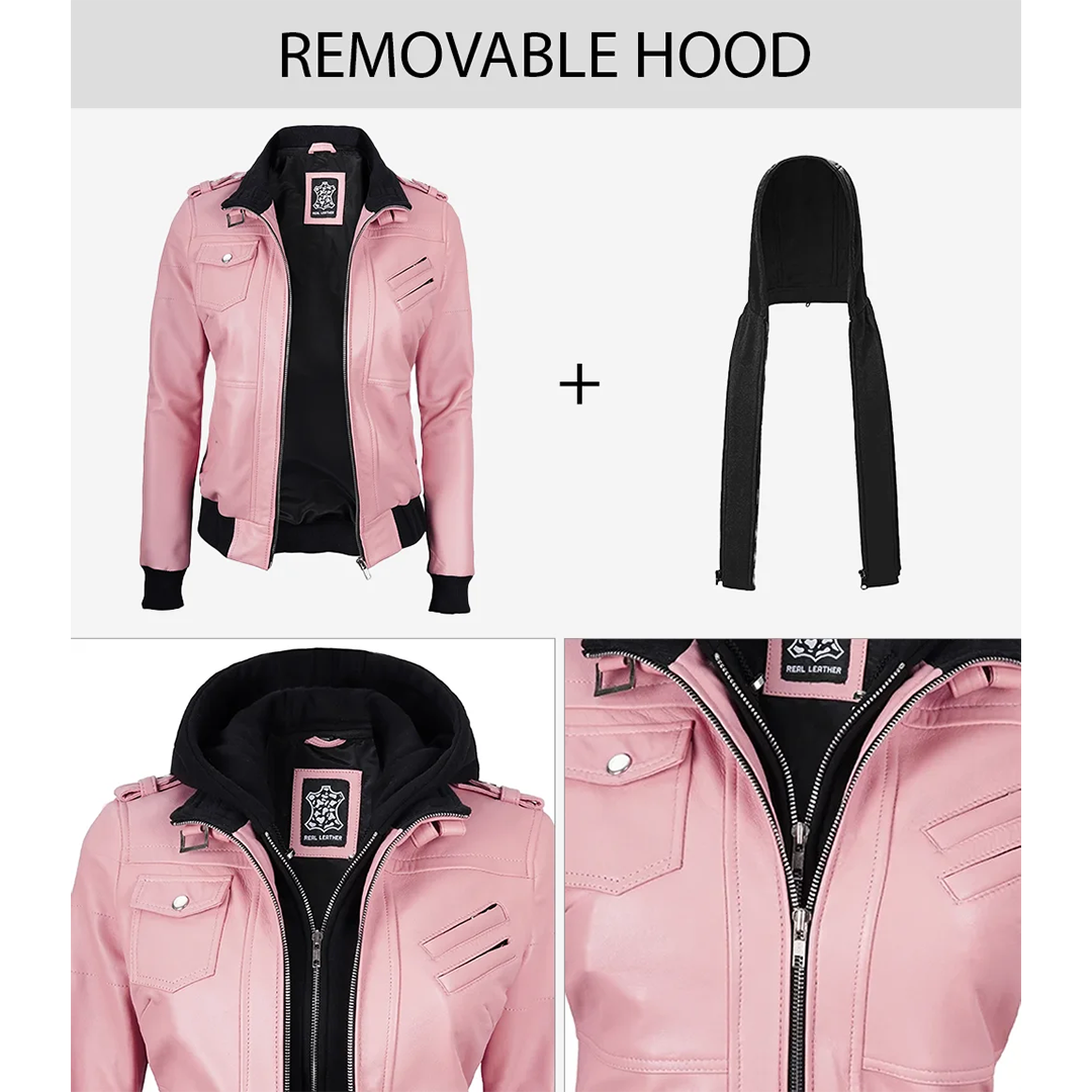 Women's Pink Bomber Leather Jacket with Removable Hood