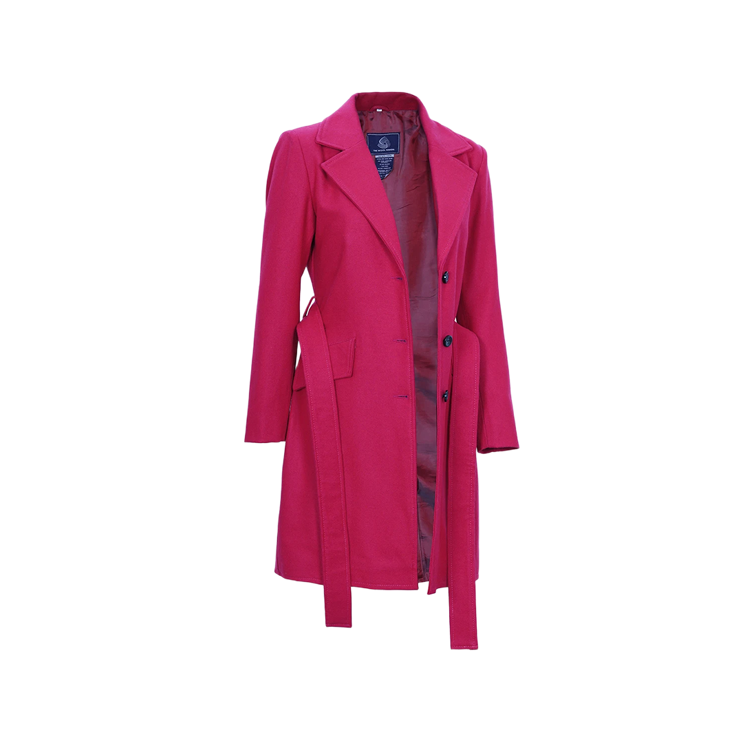 Women's Pink Notch Lapel Wool Wrap Coat
