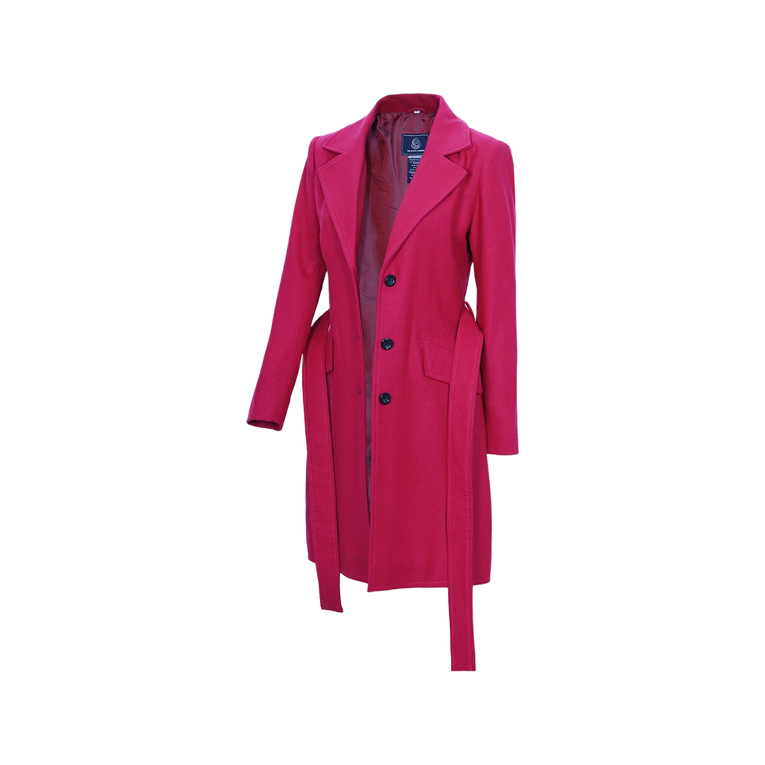 Women's Pink Notch Lapel Wool Wrap Coat