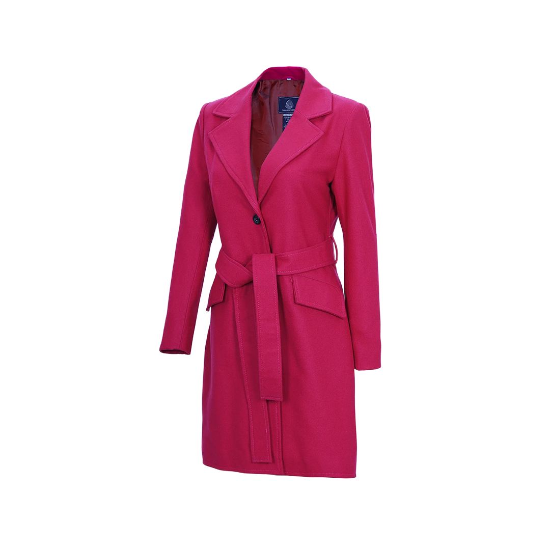 Women's Pink Notch Lapel Wool Wrap Coat