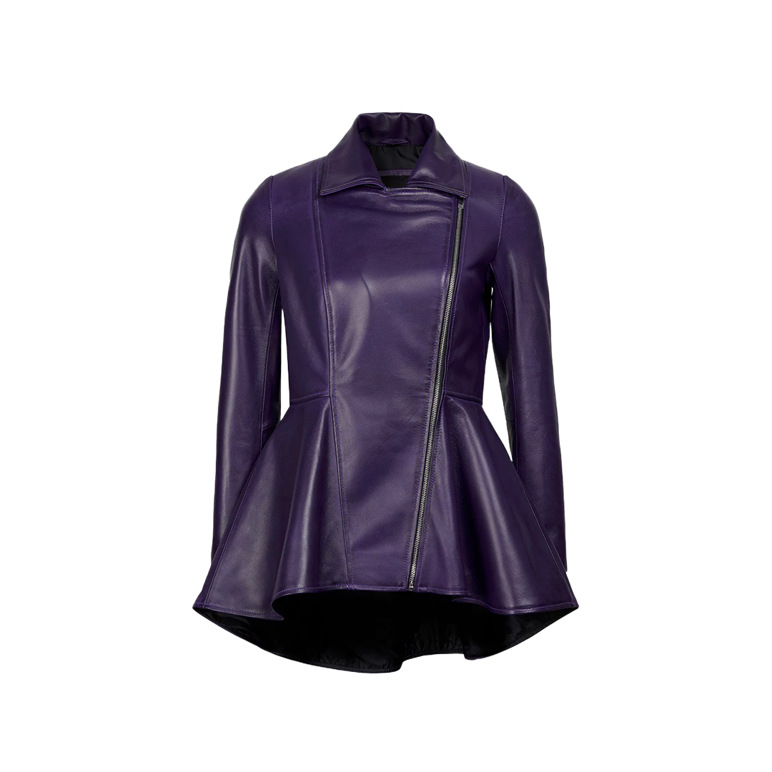 Women's Purple Asymmetrical Leather Peplum Jacket