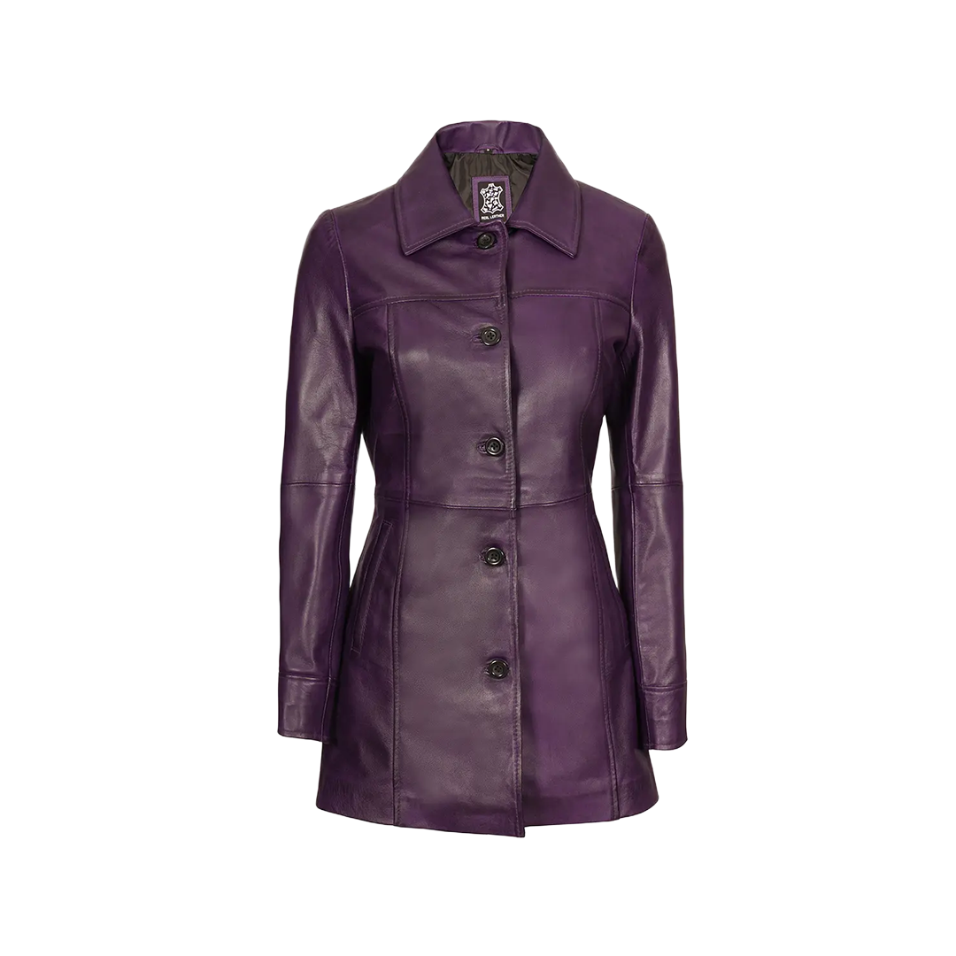 Women Leather Purple 3/4 Length Car Coat