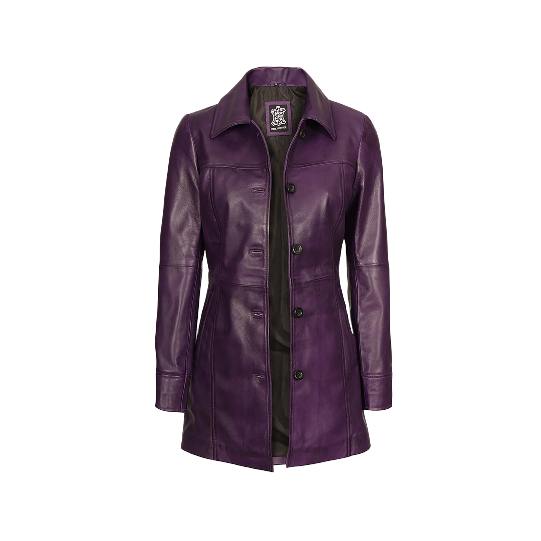 Women Leather Purple 3/4 Length Car Coat