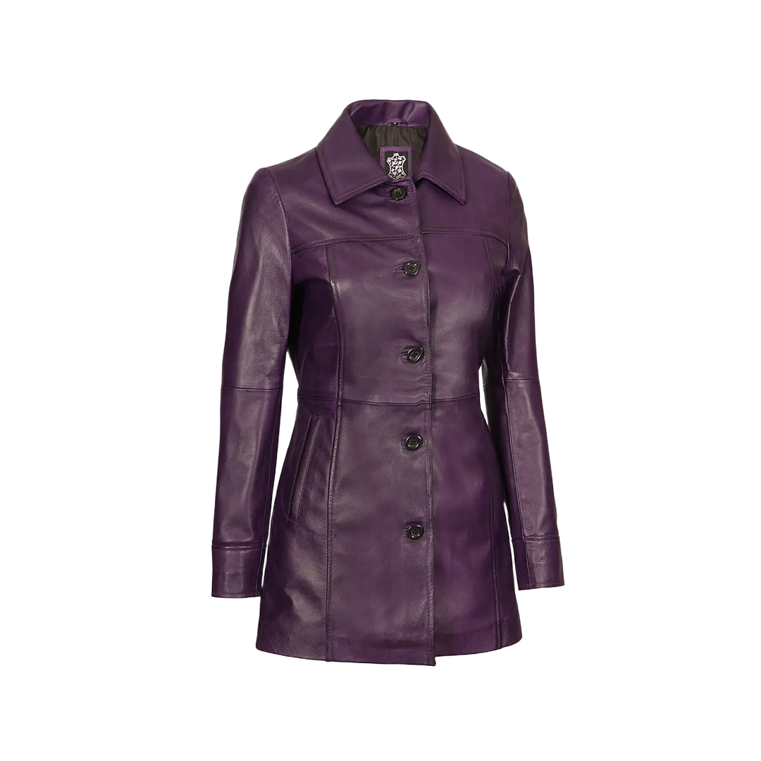 Women Leather Purple 3/4 Length Car Coat