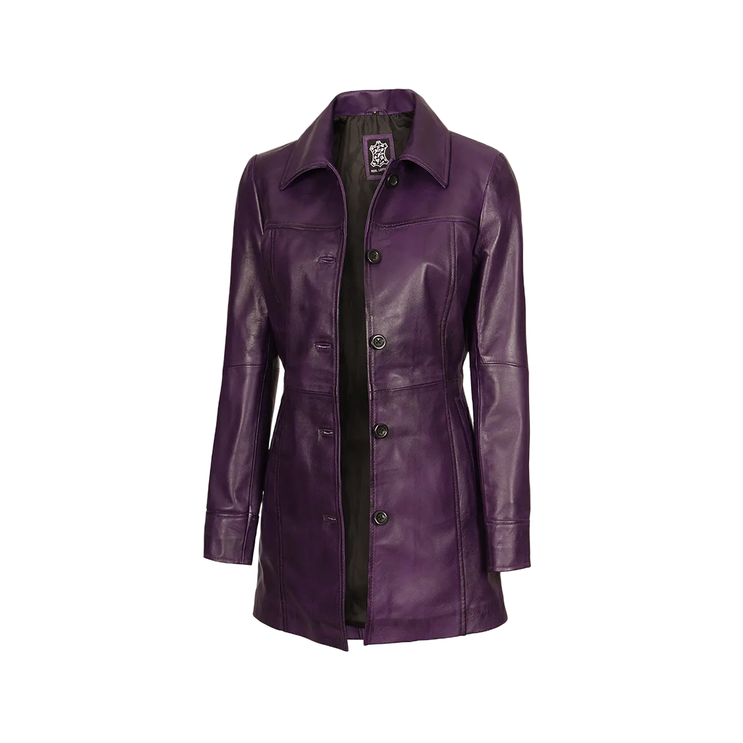 Women Leather Purple 3/4 Length Car Coat