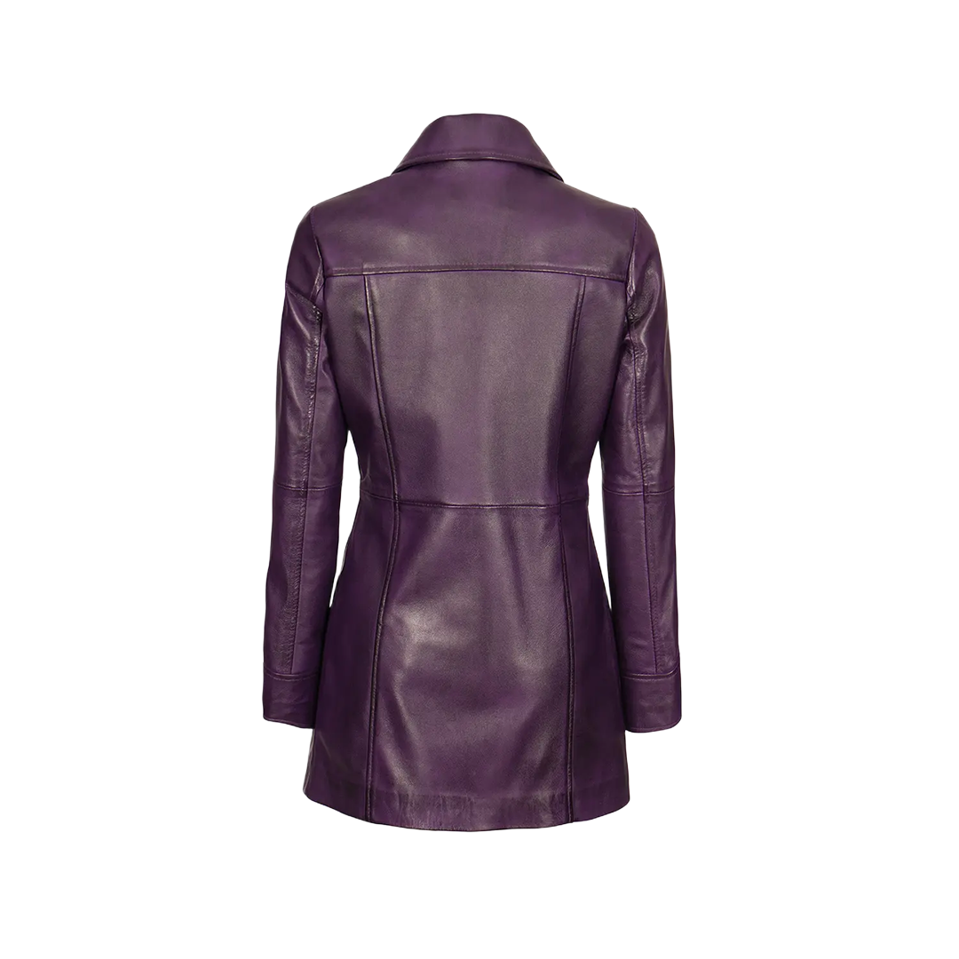 Women Leather Purple 3/4 Length Car Coat