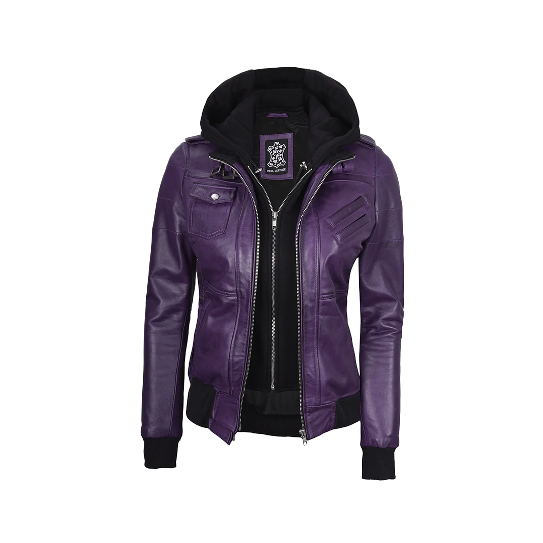 Women's Purple Leather Jacket with Removable Hood