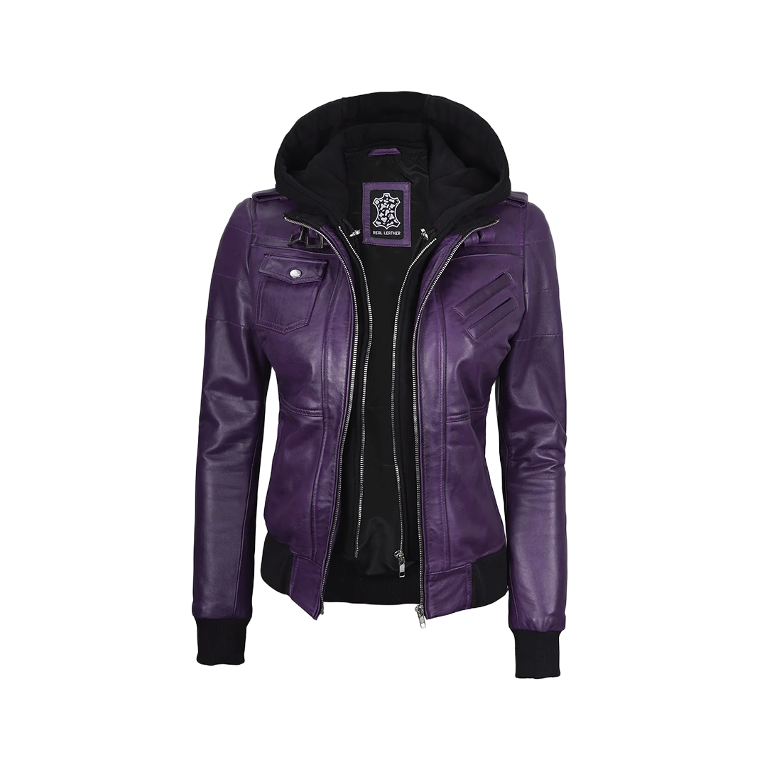 Women's Purple Leather Jacket with Removable Hood