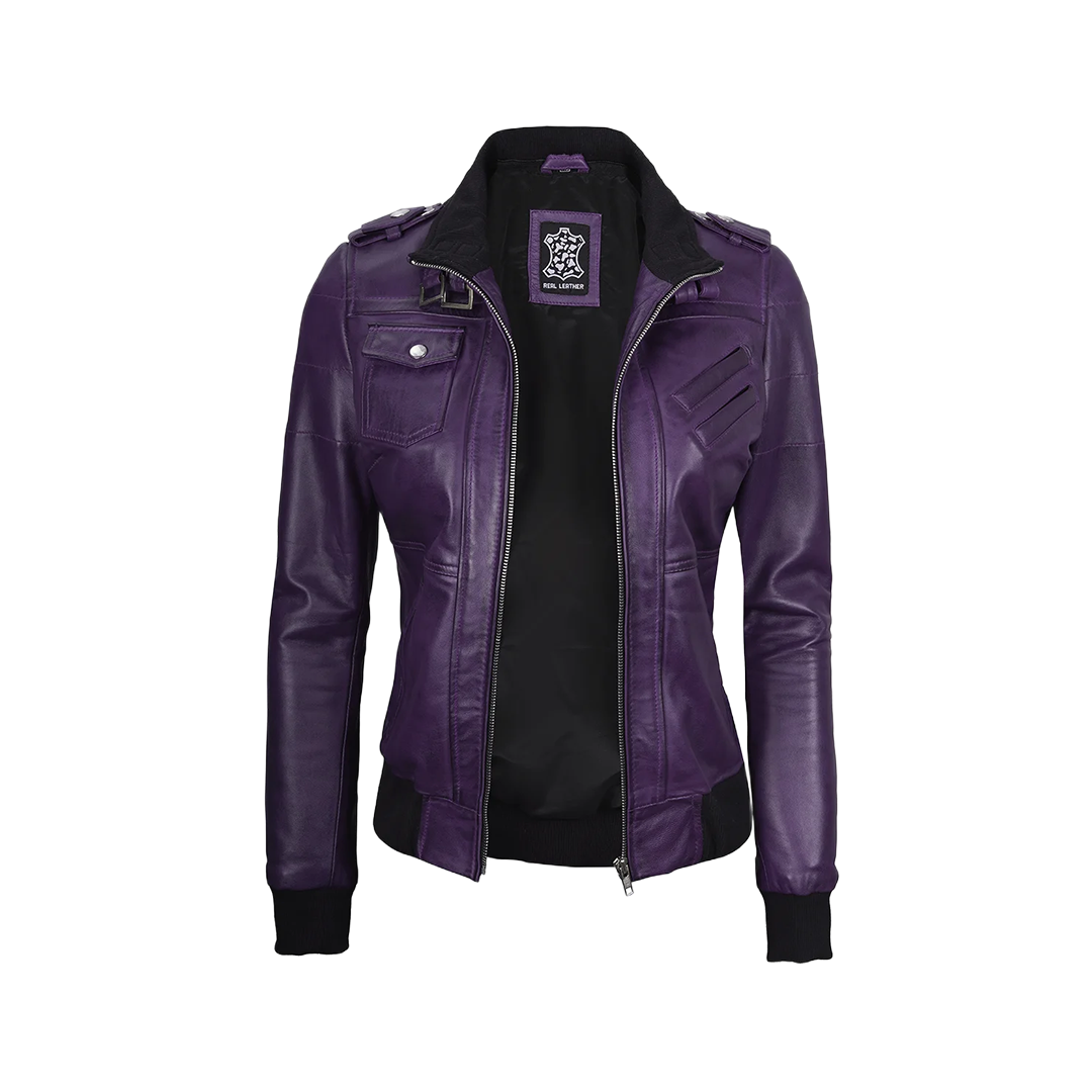 Women's Purple Leather Jacket with Removable Hood