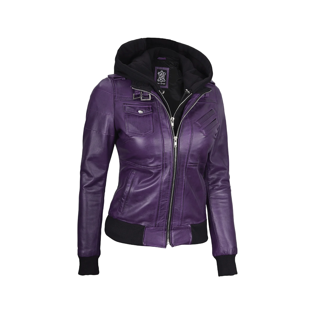 Women's Purple Leather Jacket with Removable Hood