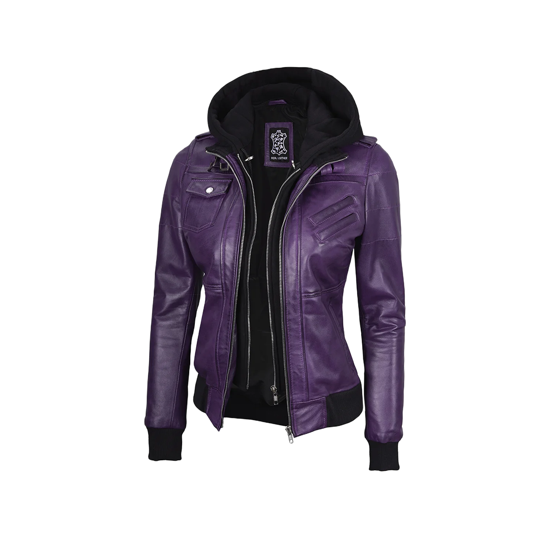 Women's Purple Leather Jacket with Removable Hood