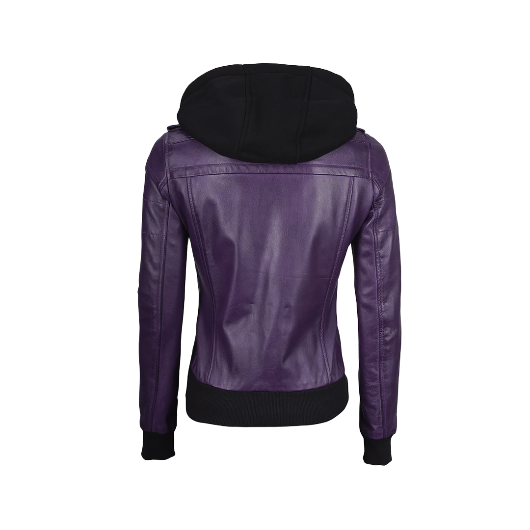 Women's Purple Leather Jacket with Removable Hood
