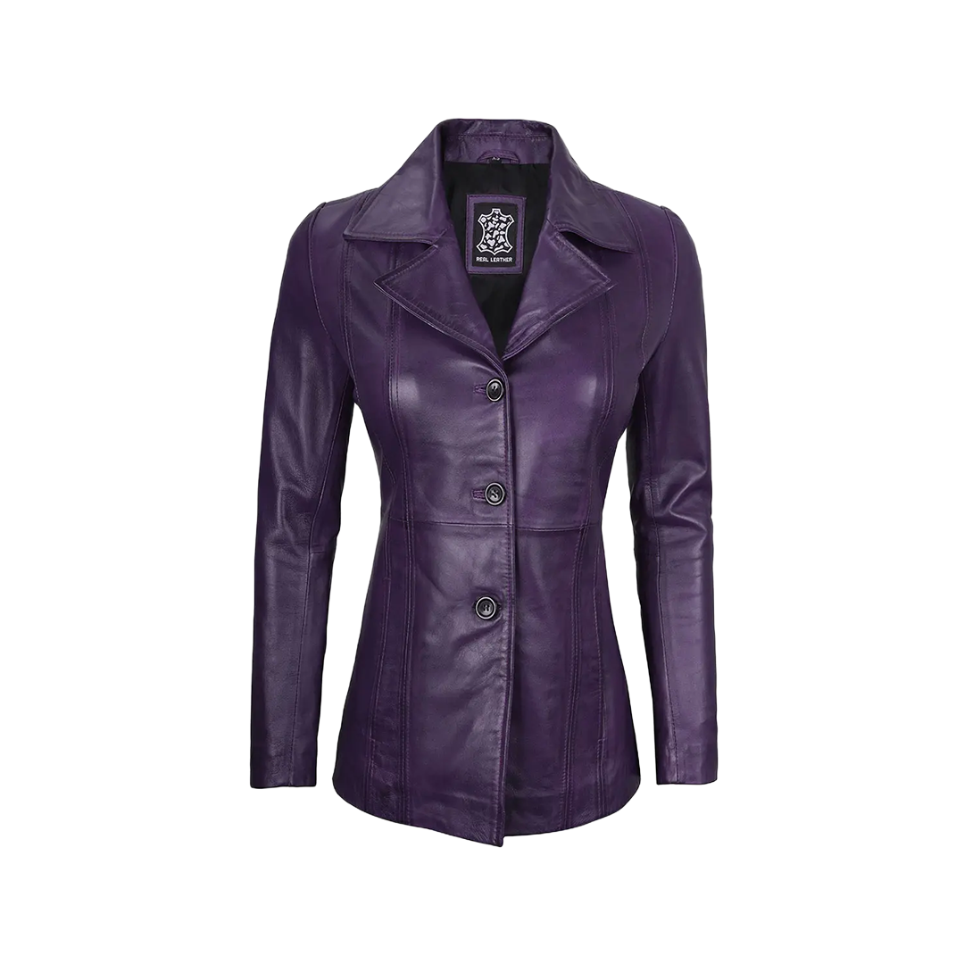 Women's Three Button Real Leather Purple Blazer