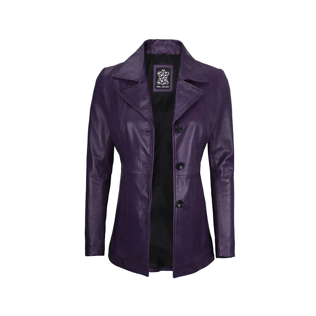 Women's Three Button Real Leather Purple Blazer
