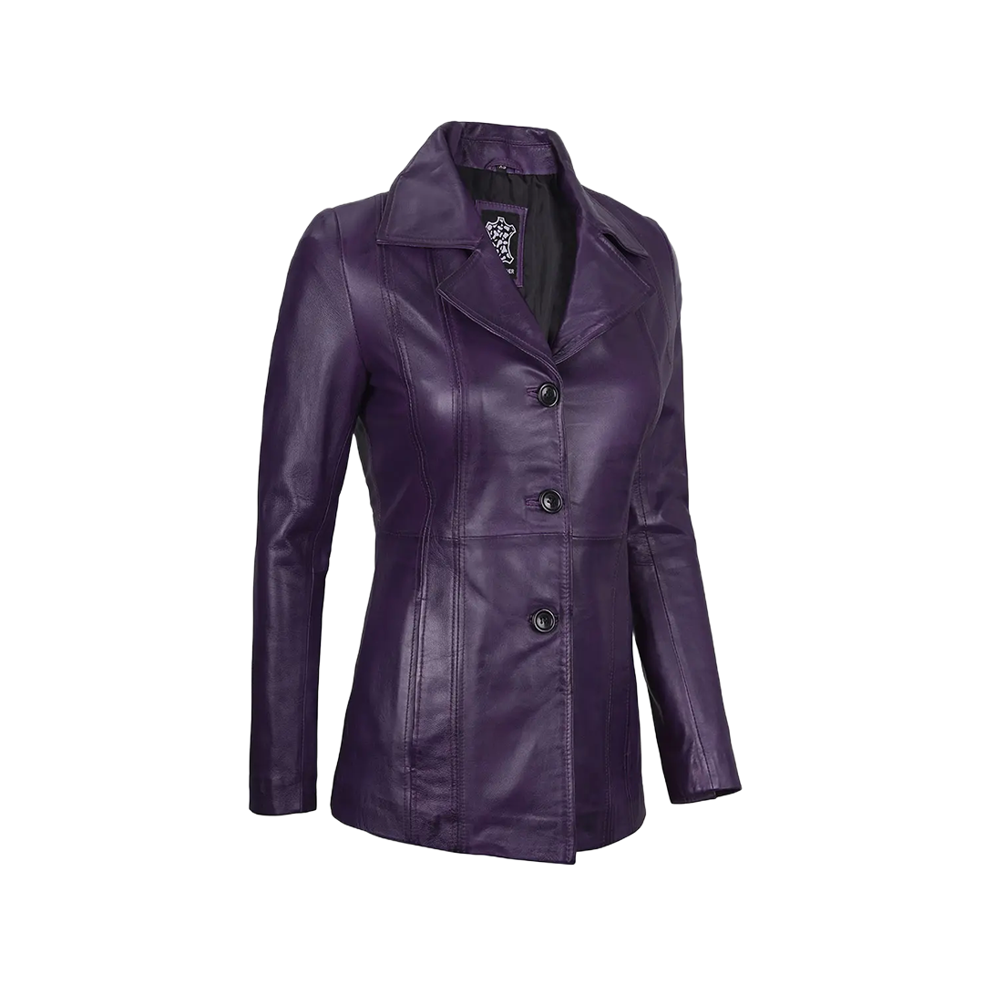 Women's Three Button Real Leather Purple Blazer