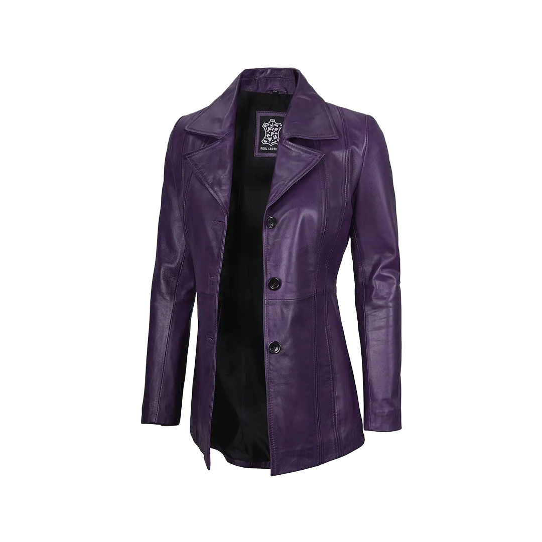 Women's Three Button Real Leather Purple Blazer