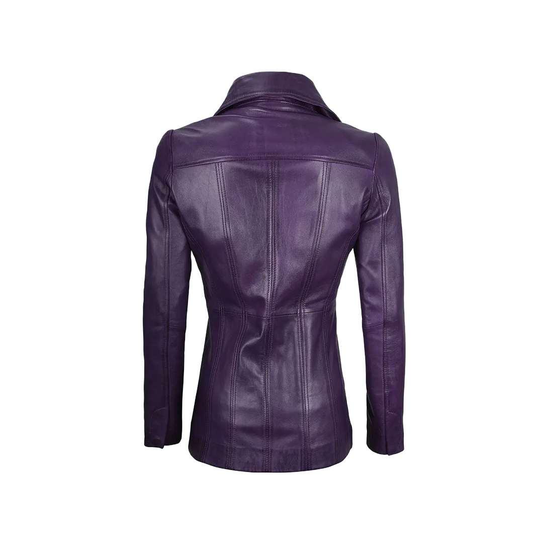 Women's Three Button Real Leather Purple Blazer