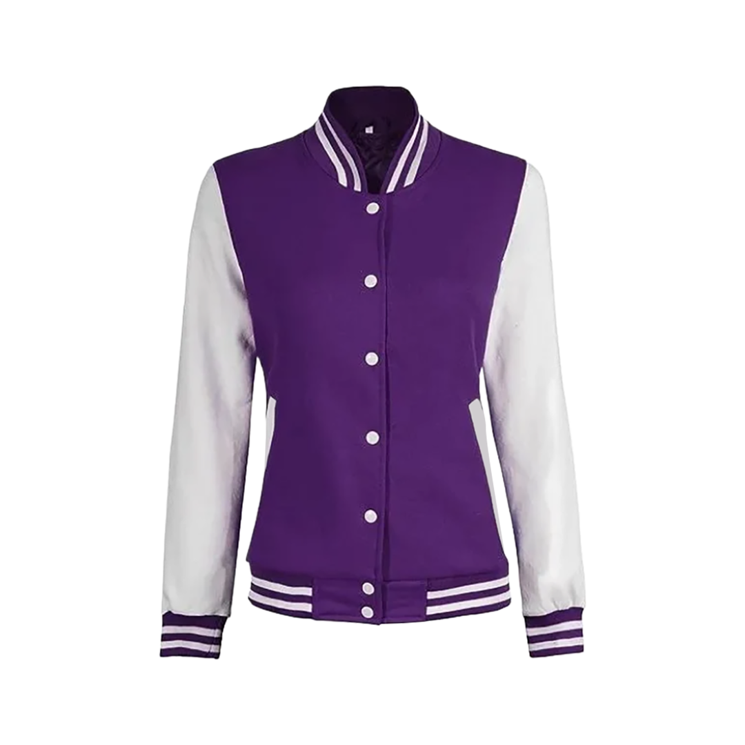 Women's Purple and White Varsity Letterman Jacket - Bomber Style