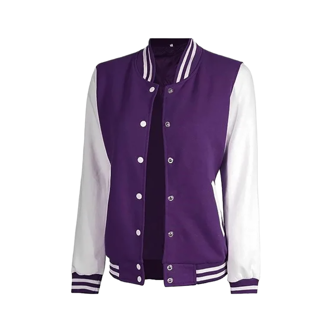 Women's Purple and White Varsity Letterman Jacket - Bomber Style