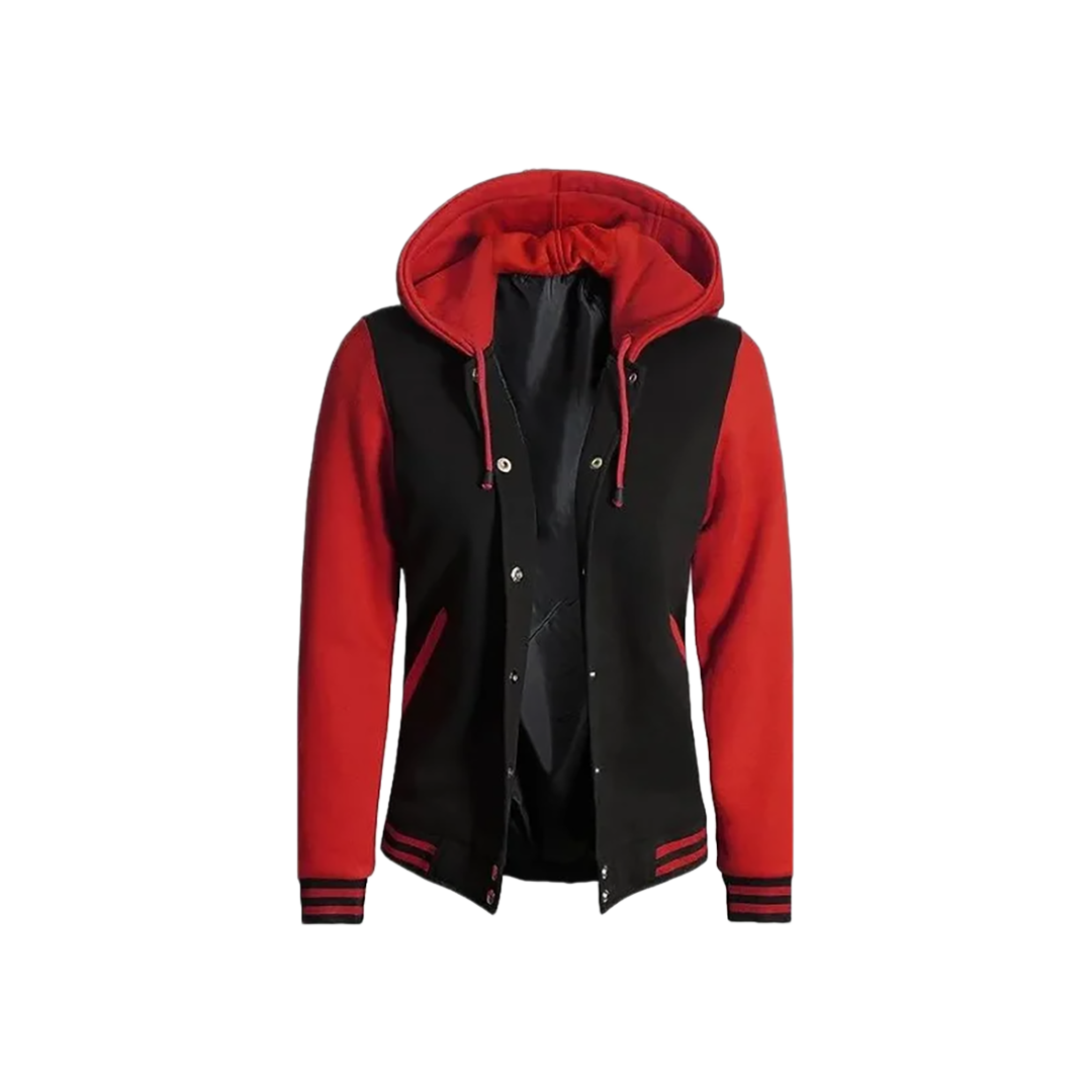 Women's Red and Black Varsity Letterman Jacket with Hood