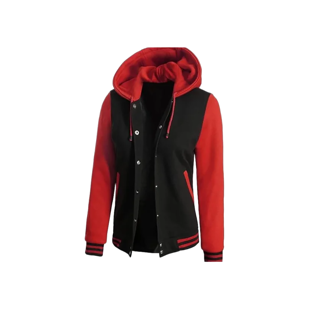 Women's Red and Black Varsity Letterman Jacket with Hood