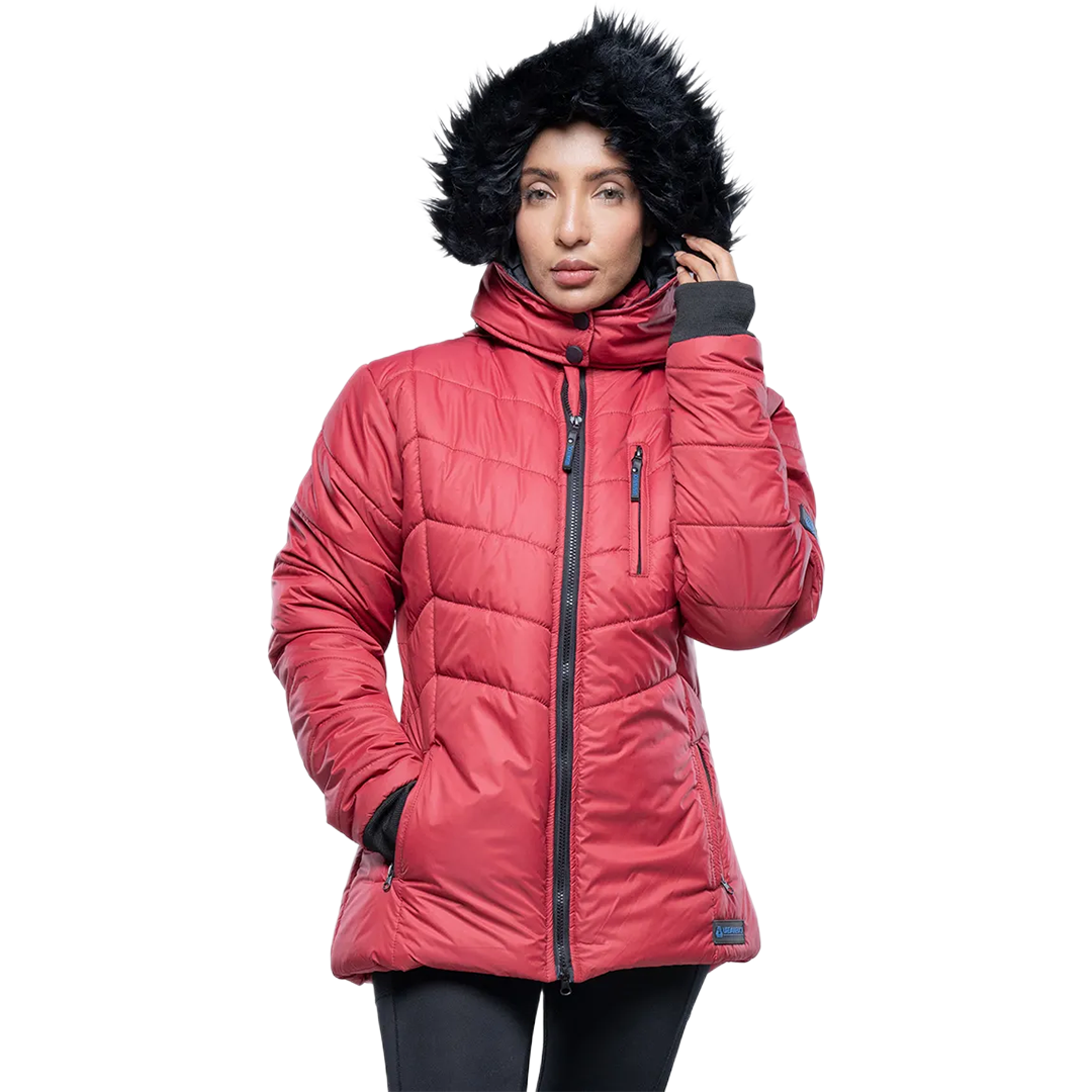 Women's Red Hooded Puffer Jacket with Faux-Fur Trim – Winter Insulated Jacket
