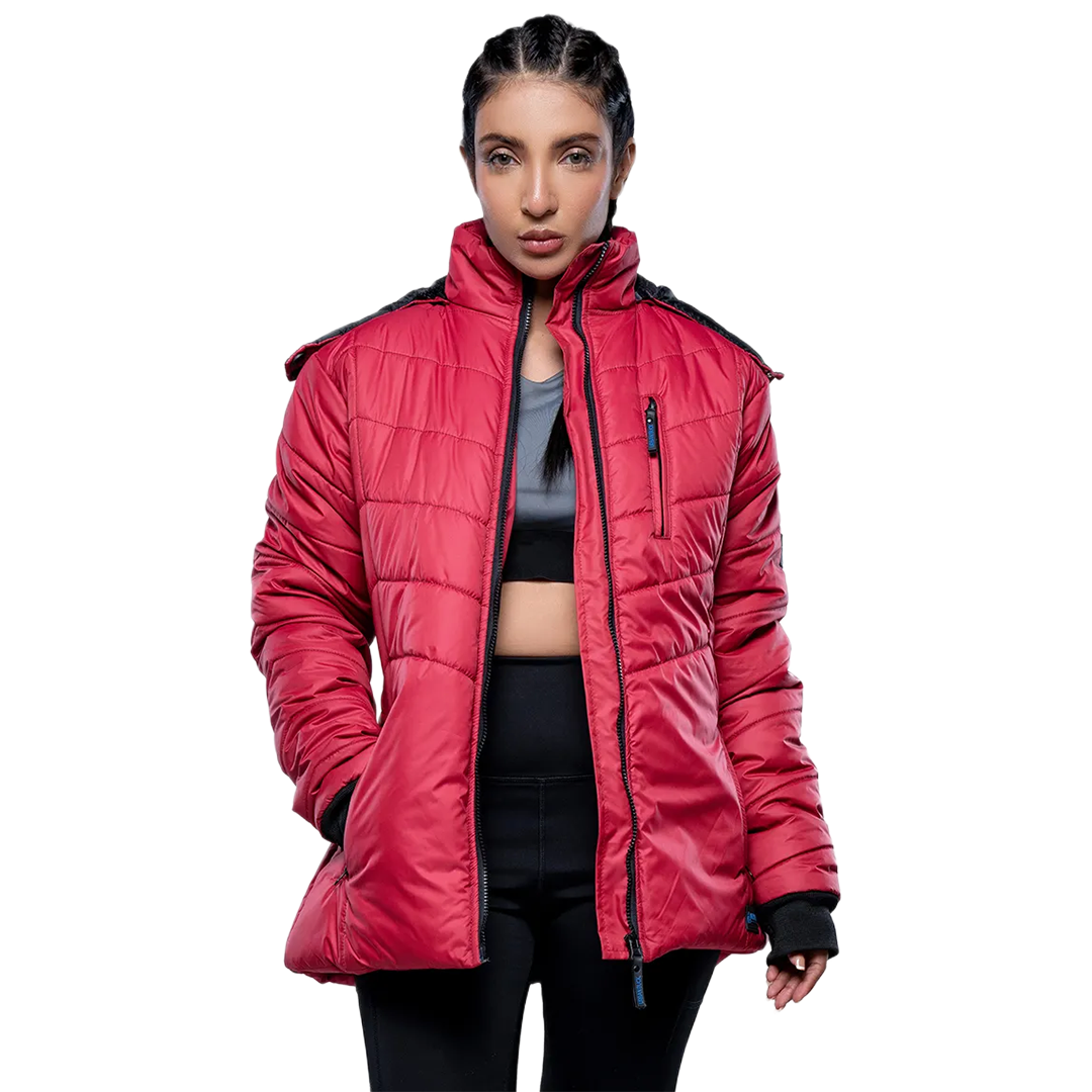 Women's Red Hooded Puffer Jacket with Faux-Fur Trim – Winter Insulated Jacket