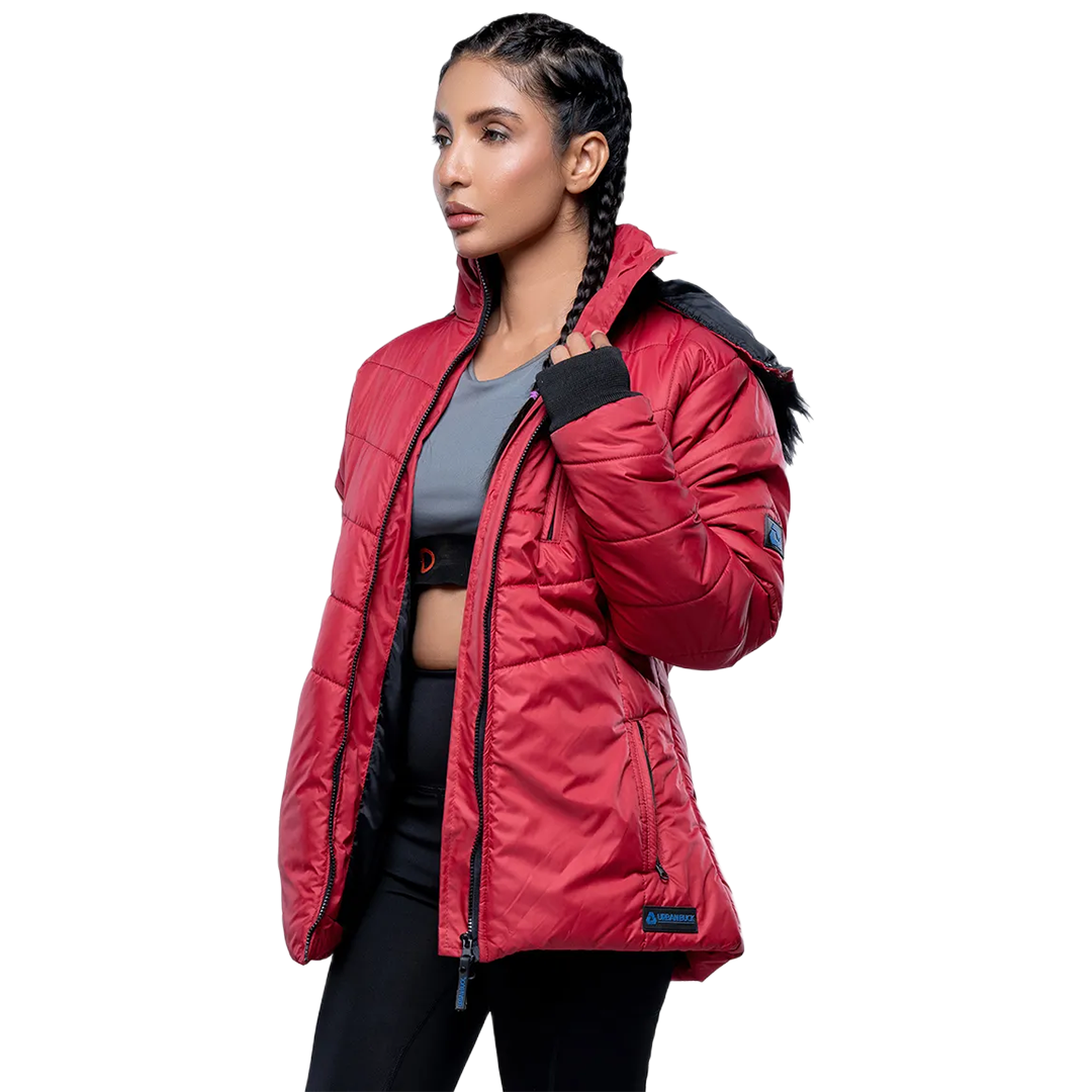Women's Red Hooded Puffer Jacket with Faux-Fur Trim – Winter Insulated Jacket