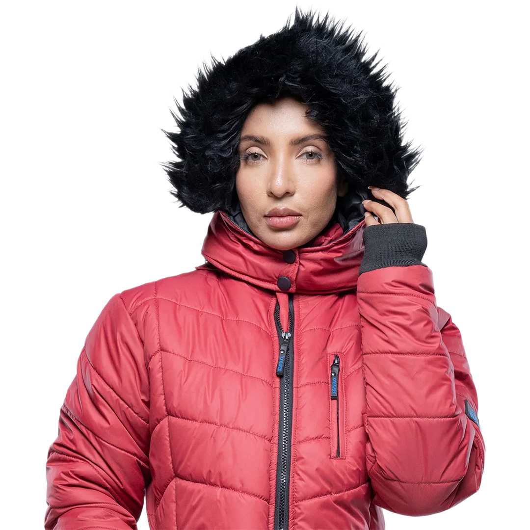 Women's Red Hooded Puffer Jacket with Faux-Fur Trim – Winter Insulated Jacket