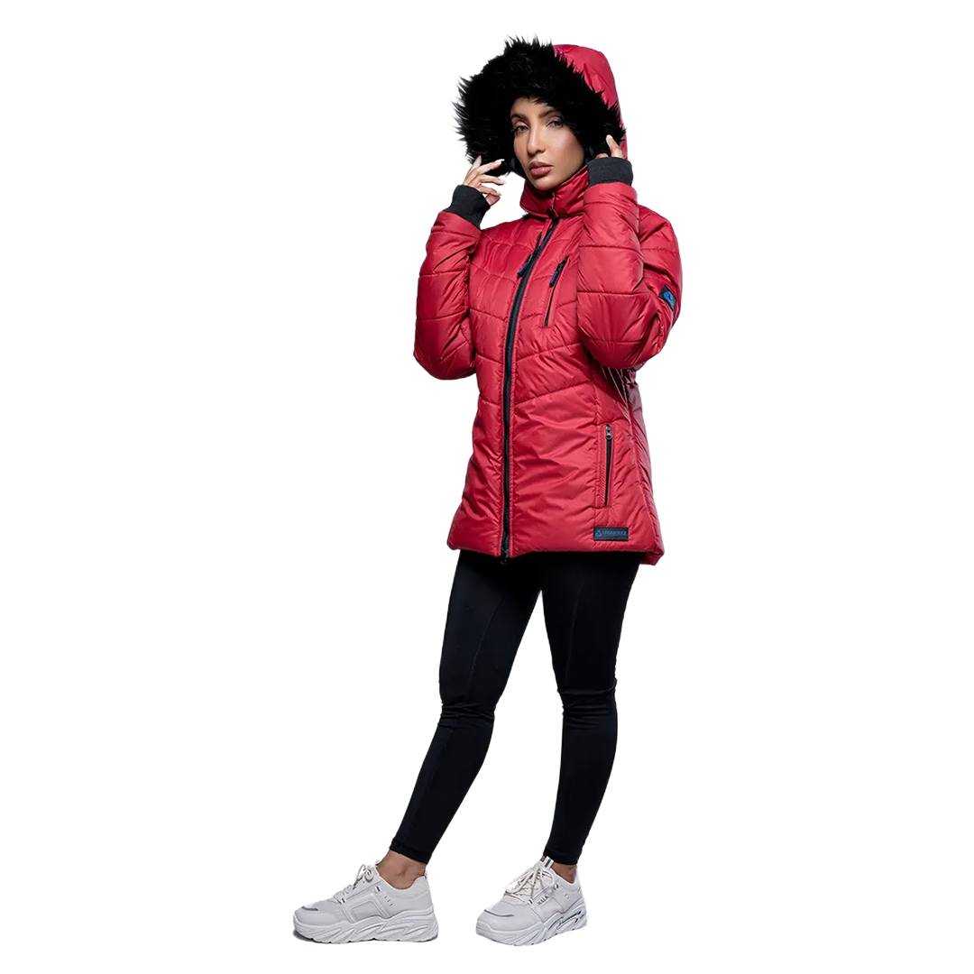 Women's Red Hooded Puffer Jacket with Faux-Fur Trim – Winter Insulated Jacket