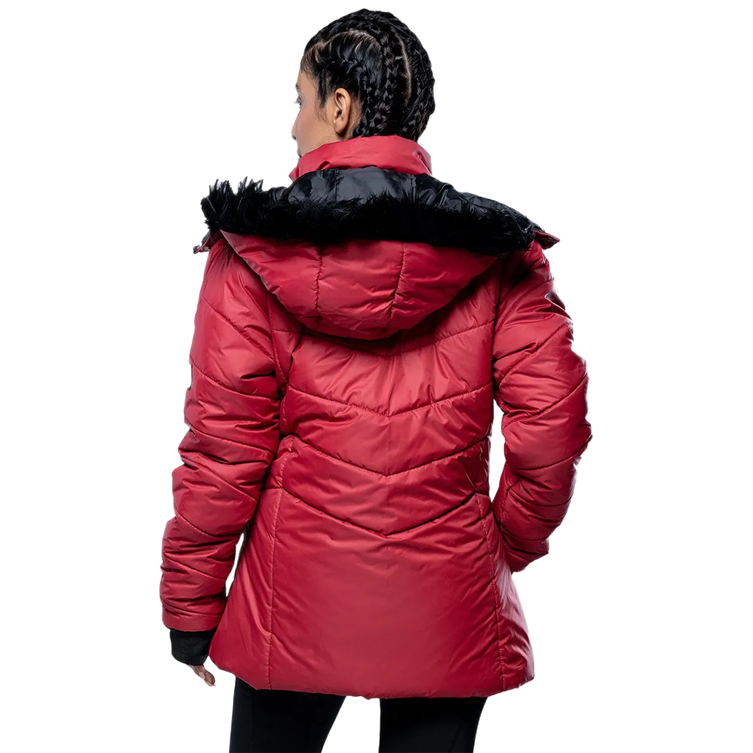 Women's Red Hooded Puffer Jacket with Faux-Fur Trim – Winter Insulated Jacket