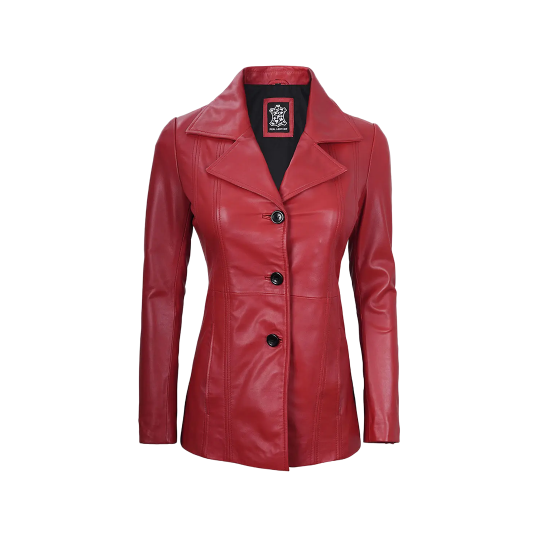 Women's Red Real Leather Blazer Jacket