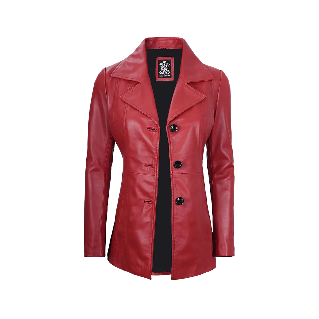 Women's Red Real Leather Blazer Jacket